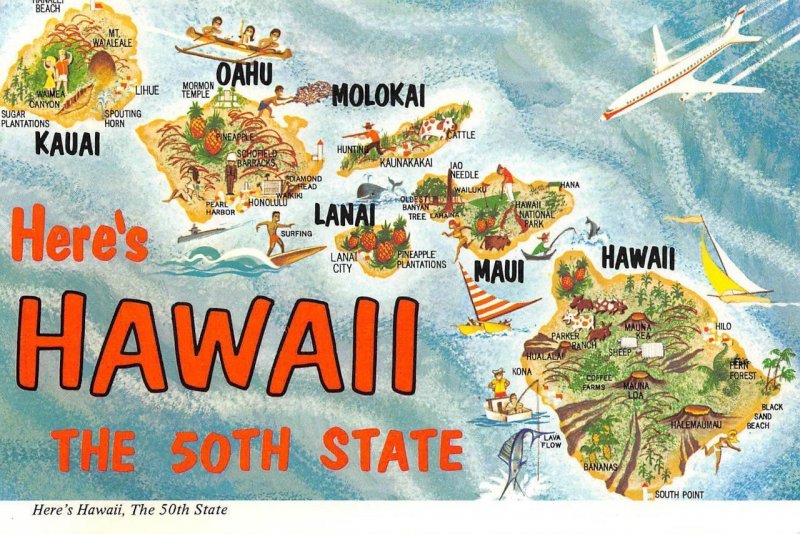 HAWAII 50th State Cartograph Map Kauai Maui Lanai c1950s 4x6 Vintage Postcard 