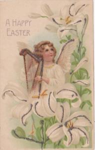 Easter Beautiful Young Angel Playing Harp & Easter Lilies