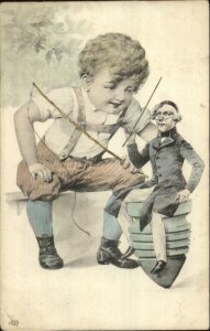 Fantasy Giant Little Boy Spinning Top Toy Teacher on Top? c1905 Postcard