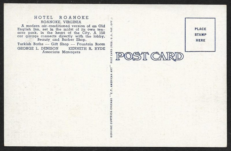 Hotel Roanoke Old English Inn Roanoke Virginia Unused c1948