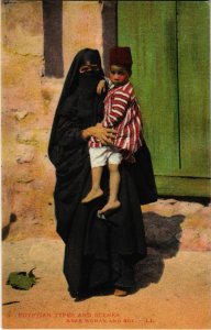 PC CPA EGYPT, TYPES AND SCENES, ARAB WOMAN AND BOY, VINTAGE POSTCARD (b9149)