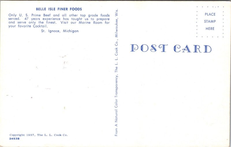 Postcard Belle Isle Finer Foods Restaurant in St. Ignace, Michigan