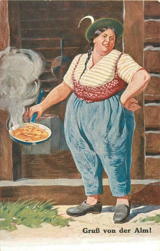 AK Mogst an Schmarrn ? German cuisine caricature fat woman omelet comic postcard