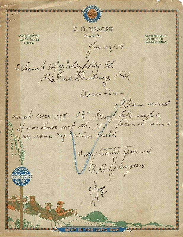 MB-151 PA Petrolia Goodrich Tires Silverton Yeager WWI Soldiers Letterhead 1918