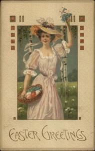 Easter - Beautiful Woman in Field w/ Basket of Eggs c1910 Postcard