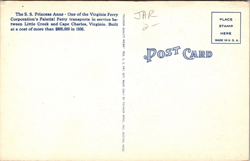 SS Princess Anne Ferry Boat Cape Charles Little Creek Norfolk VA Linen Postcard United States