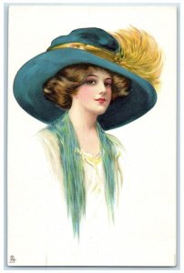 c1910's Pretty Woman Blue Big Hat Feather My Lady Fair Tuck's Antique Postcard