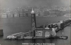 Naples Napoli Italy Lighthouse Molo San Vincenzo Real Photo Postcard