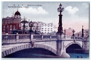 Tokyo Japan Postcard Nihonbashi Bridge Street Lights River View c1910