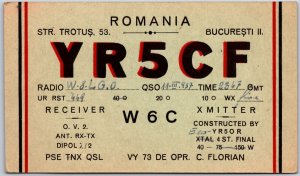 QSL Radio Card YR5CF Romania Amateur Radio Station, Vintage Postcard