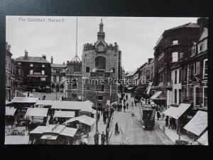 Norfolk NORWICH The Guildhall With OPEN TOP TRAM, SHOPS & MARKET c1914 Valentine