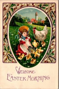 Easter Postcard Little Girl Feeding Chicks in a Field as Mother Chicken Watches