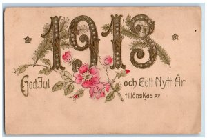 1913 Merry Christmas And New Year Flowers Embossed Posted Antique Postcard