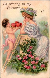 Be My Valentine Cupid Delivering Hearts To Beautiful Lady 1907