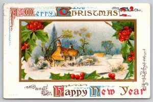Holiday~A Merry Christmas~Winter Countryside House W/ Holly In Frame~Vintage PC