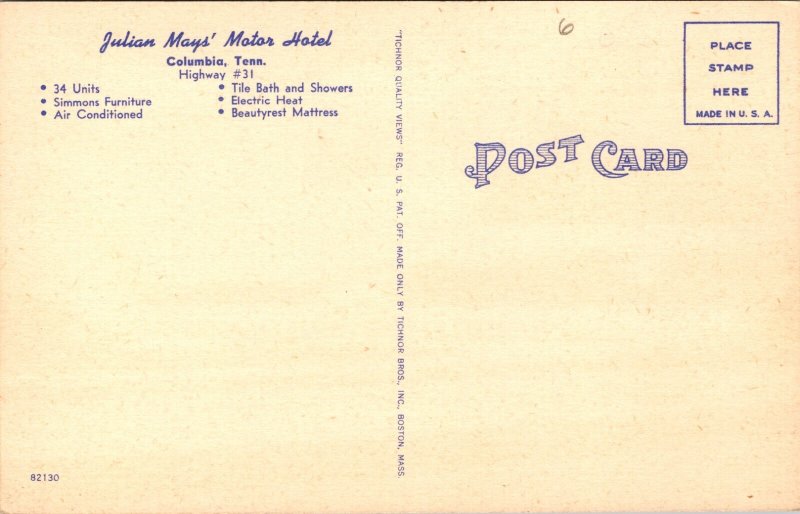 Columbia TN Julian Mays’ Motor Hotel Motel Mutiview Postcard