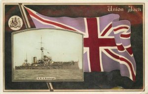 1907 Union Jack Flag British Navy Ship HMS Dreadnaught Inset RPPC Photo Postcard