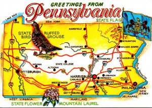 Pennsylvania Greetings With Map and State Flag Bird and Flower