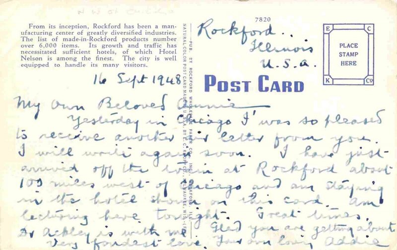 Nelson Hotel Rockford Illinois 1948 linen postcard
