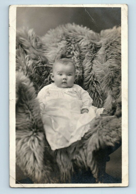 C.1910 RPPC Adorable Baby on Buffalo Blanket, Bethany, OK. Postcard P165 
