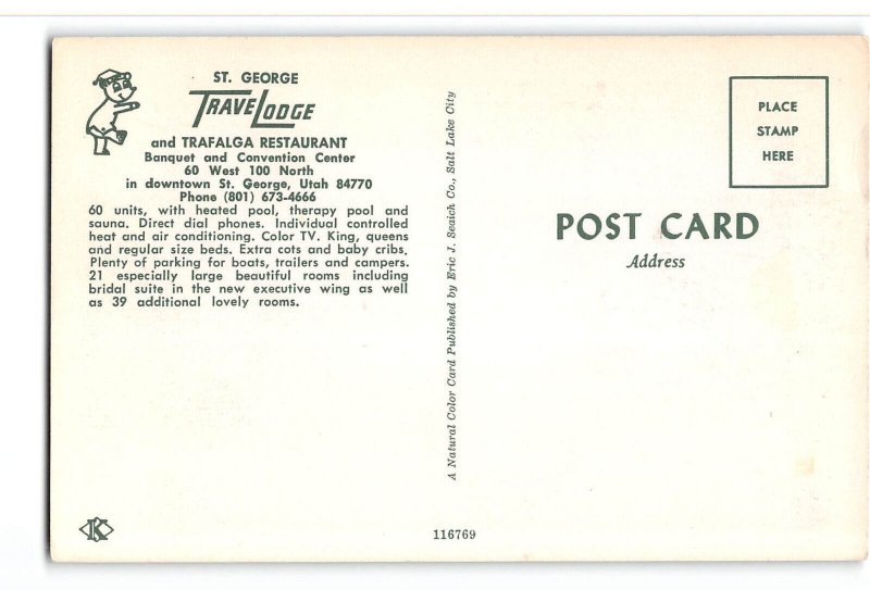 St George Utah UT Vintage Postcard St George Travel Lodge & Trafalga Restaurant