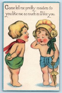 Cute Children Postcard Come Tell Me Pretty Maiden Do You Like Me c1910's Antique