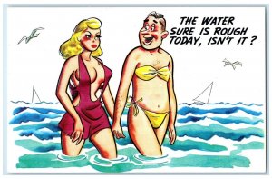 Man Wearing Swimsuit On Beach The Water Sure Is Rough Today Humor Comic Postcard