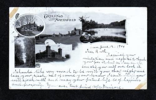 MA Greetings From NORTHFIELD MASS POSTCARD 1904 UDB Postcard Massachusetts