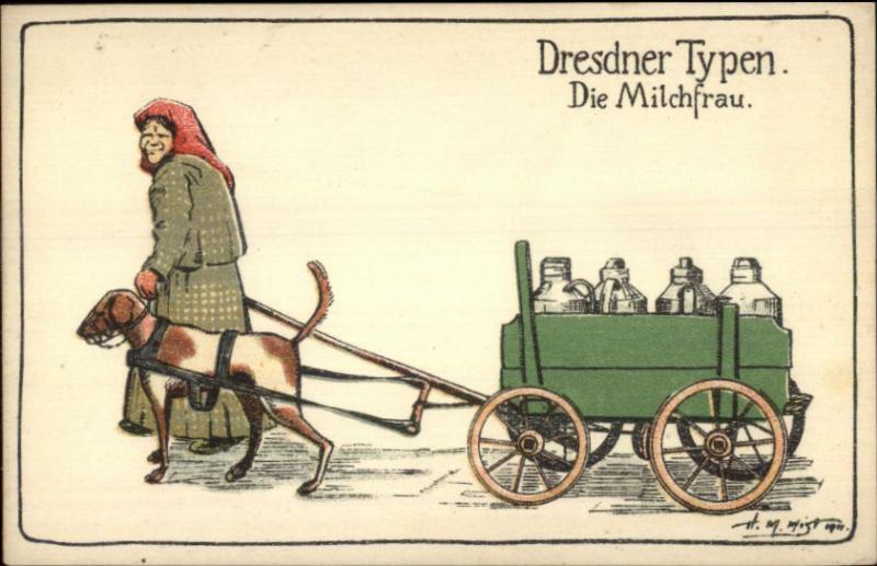 Dresden Germany Woman w/ Dog Drawn Milk Cart Dresdner Typen Milchfrau