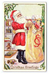 Christmas Greetings Santa Claus With Sack Of Toys Embossed c1912 Postcard