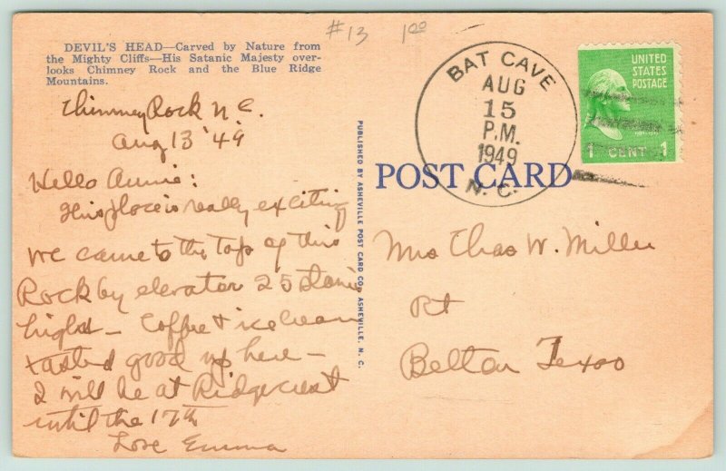 Chimney Rock North Carolina~Devil's Head Perched on Edge~Top by Elevator~1949