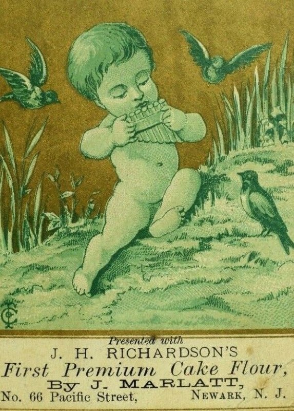 1870's J. Marlatt First Premium Cake Flour, J.H. Richardson Angel Trade Card F97