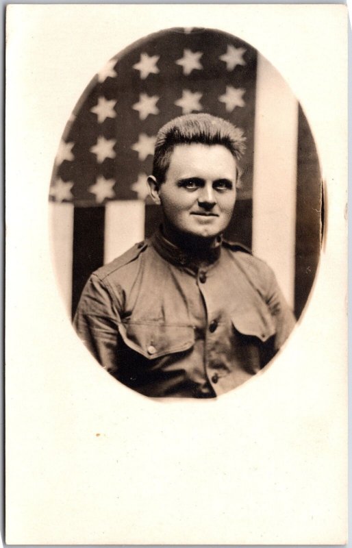 Man Half Body Photograph U. S. Flag In Background Postcard