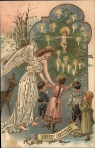 Christmas Angels Deer Embossed Gilt c1910 Vintage Postcard