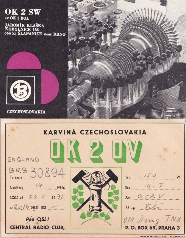 Karvina Czechoslovakia Slapanice Brno Czech Republic 2x QSL Radio Card s