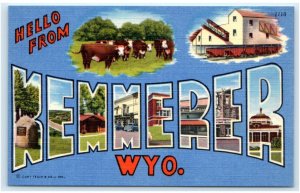 Large Letter Linen KEMMERER, WY Wyoming ~ c1940s Lincoln County Postcard