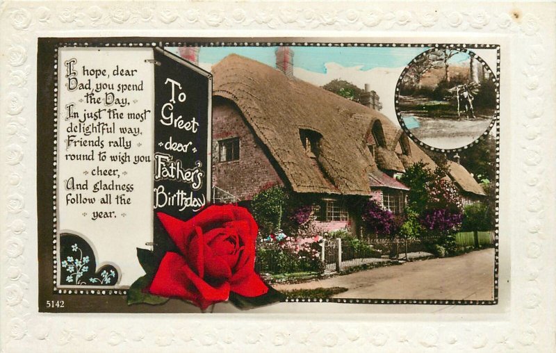 Postcard Greetings birthday father house rose red