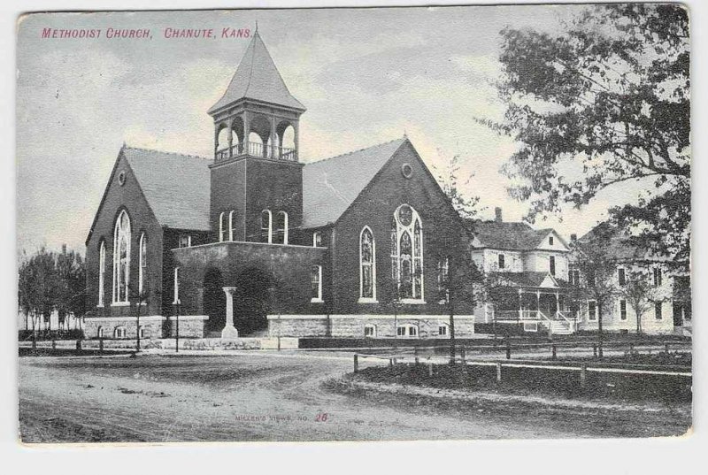 ANTIQUE POSTCARD KANSAS CHANUTE METHODIST CHURCH EXTERIOR VIEW 1907 