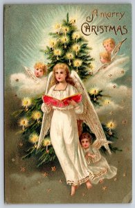 Christmas Angel Sings in Clouds~Decorated Candle Tree~Cherubs~Gold Leaf~G-A Art