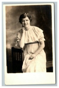 Vintage 1916 RPPC Postcard Well Dressed Woman Studio Portrait - Named