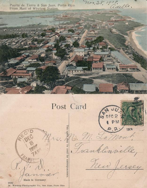 PUERTA DE TIERRA & SAN JUAN PUERTO RICO 1908 ANTIQUE POSTCARD CORK CANCEL