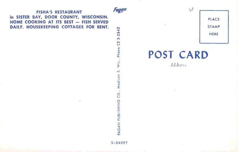 Pisha Restaurant Sister Bay Door County Wisconsin 1960s postcard