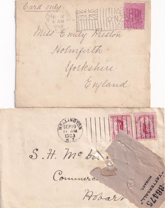 New Zealand 1899 Flag Barr Fyke Machine Stamp 2x Wellington Postmark