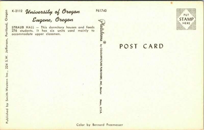 University Oregon OR Eugene OR Straub Hall Postcard Plastichrome VTG UNP Vintage 