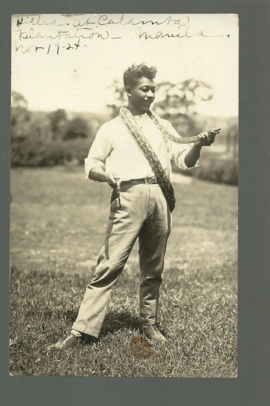 Manila PHILIPPINES RP 1924 SNAKE HANDLER Charmer KILLING SNAKES Posing  