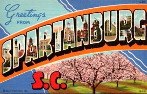 South Carolina Spartanburg Greetings Large Letter Linen Curteich