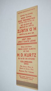 H. D. Kurtz Columbiana Ohio Presidents of US 20 Front Strike Matchbook Cover