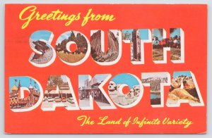 South Dakota~Mt Rushmore~Corn Palace~Train~Badlands~1950s Large Letter Postcard