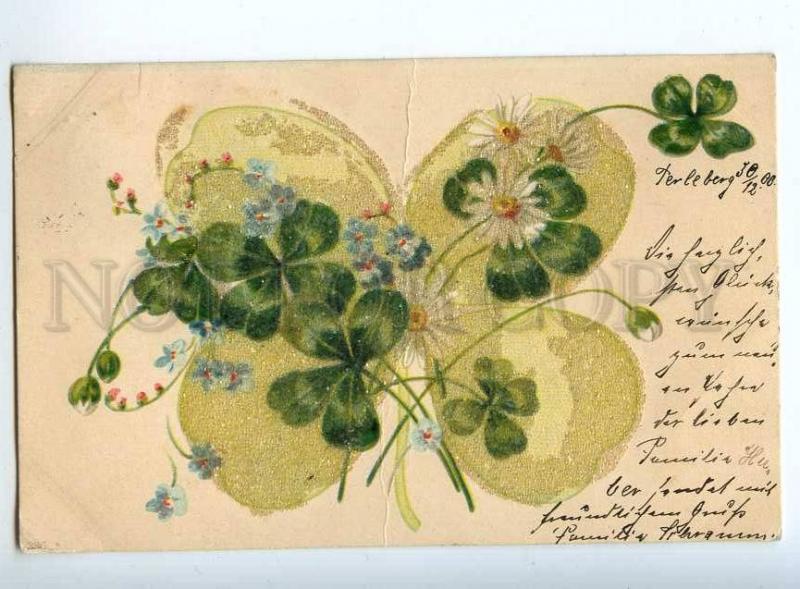 240856 APPLIQUE Clover w/ Flowers GREETING Vintage POST 1900 y