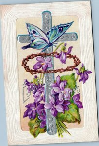 Easter Joys - silver cross thorns violets butterfly - Easter Cross Series No. 6